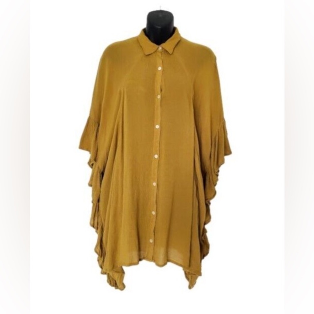 Free People Ruffle Side Oversize Button-Down Tunic Top w/ Pockets - Size S